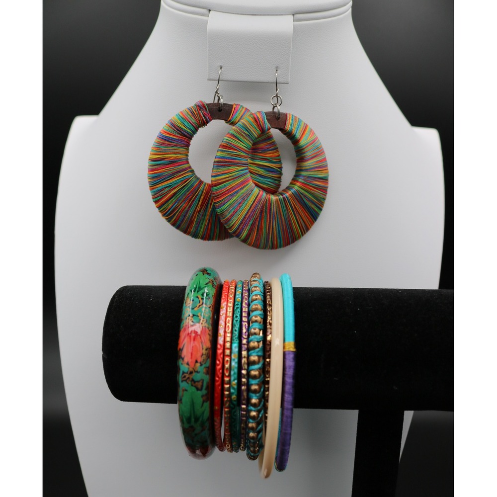 Boho Jewelry 10pc Lot 8 Bangle Bracelets 1 Earring Set Blue Orange Thread Wrap